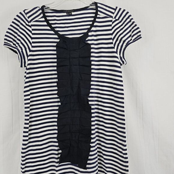Theory Striped Blue White Cotton Blend T-shirt Dress with Silk Trim, Size Small - Picture 2 of 5